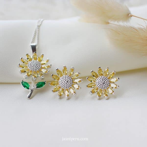 Juego Collar Girasol Giratorio y Aretes en plata ley 950