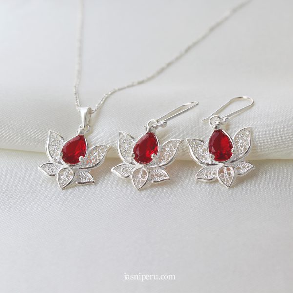 Juego Flor de Loto con zirconio rojo