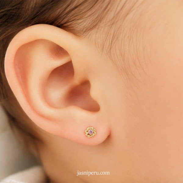 Arete de bebé flor oro 18k con zirconio