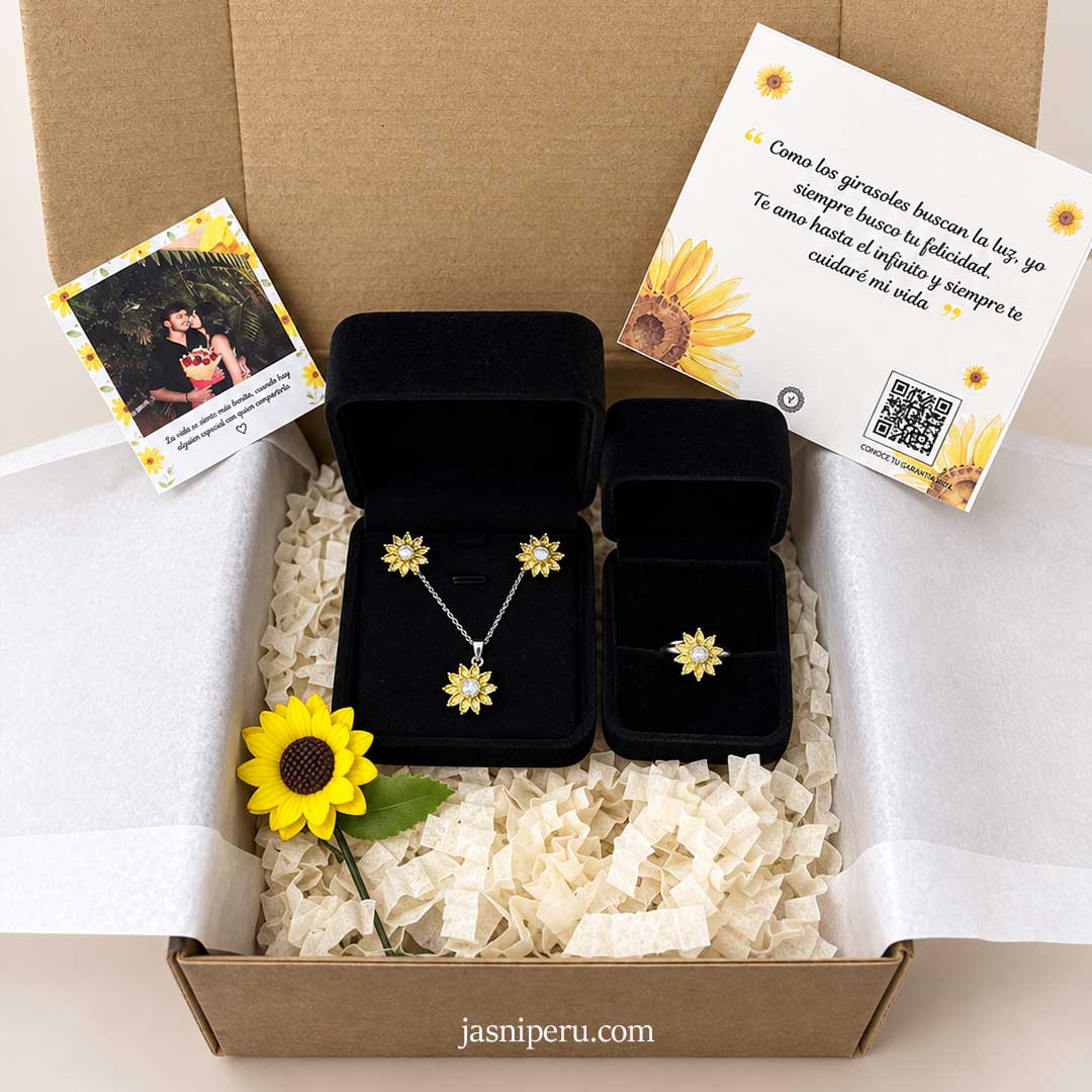 Set completo girasol pequeño en plata ley 950 | Collar, aretes y anillo - Imagen 6