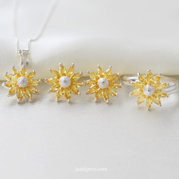 Set completo girasol pequeño en plata ley 950 | Collar, aretes y anillo